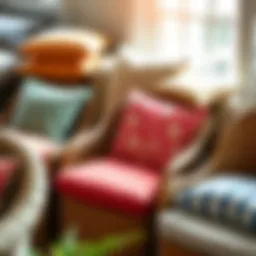 Assorted wicker chair cushions showcasing various fabrics and colors