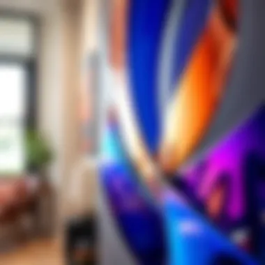 Close-up of a vibrant abstract wall sculpture made of metal