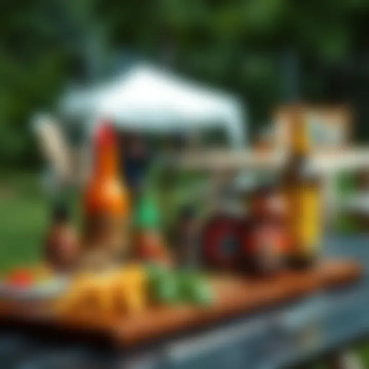 Delicious Condiments for BBQ Flavors A vibrant assortment of condiments and sauces elegantly displayed on a picnic table