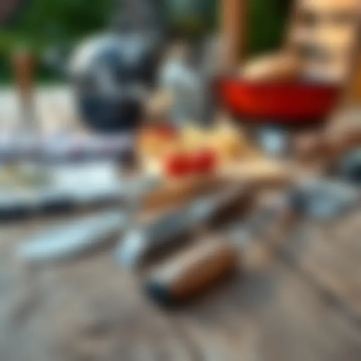 Essential Grilling Tools for Backyard BBQ A collection of high-quality grilling tools laid out on a rustic wooden table