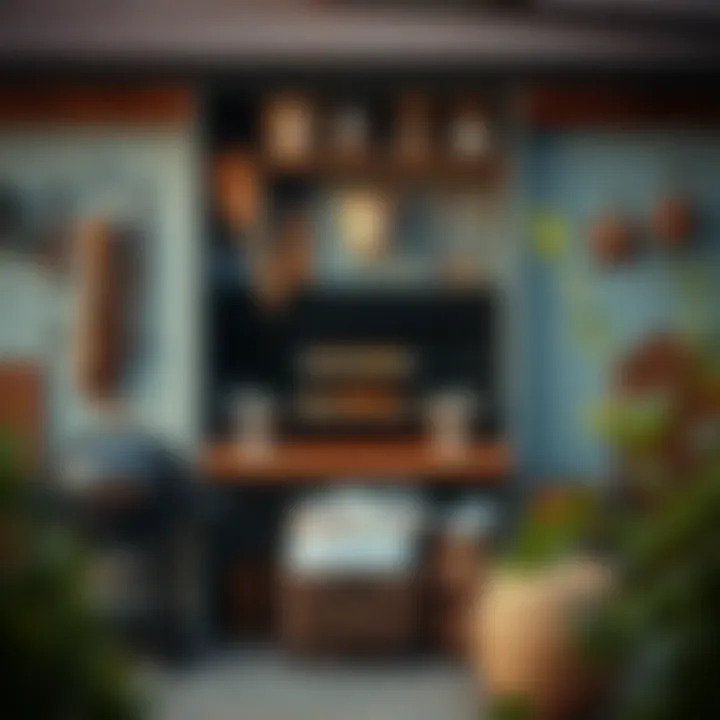 Well-Organized BBQ Supply Station A neatly organized BBQ supply station featuring charcoal, tools, and accessories