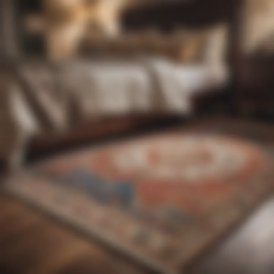 A luxurious bedroom rug showcasing intricate patterns and rich colors.