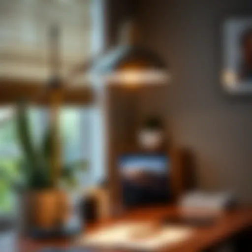 A stylish big desk lamp illuminating a modern workspace