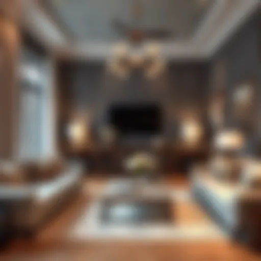 A luxurious living room featuring a blend of modern and vintage decor elements