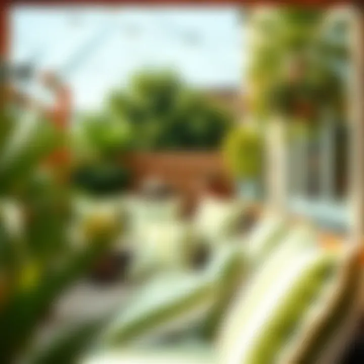 Colorful outdoor space enhanced by green and white striped textiles