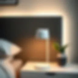 Sleek modern table lamp with remote control on a stylish nightstand