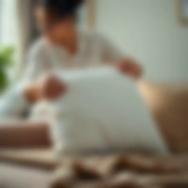 A person demonstrating the fluffing technique for pillow maintenance.