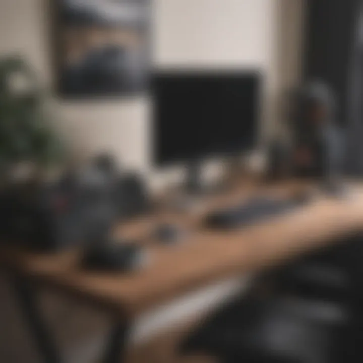 A well-organized gaming desk showcasing cable management and personal decor