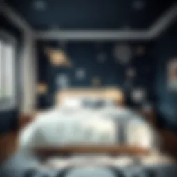 A beautifully designed space-themed bedroom showcasing stars and planets on the walls