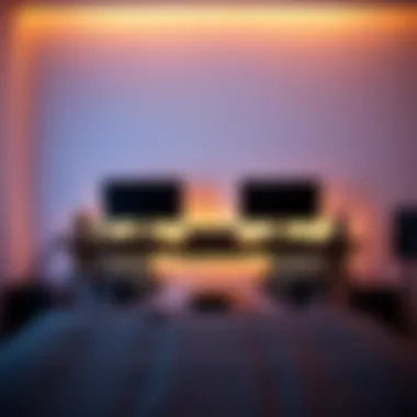 A modern gaming desk with dual monitors and ambient lighting