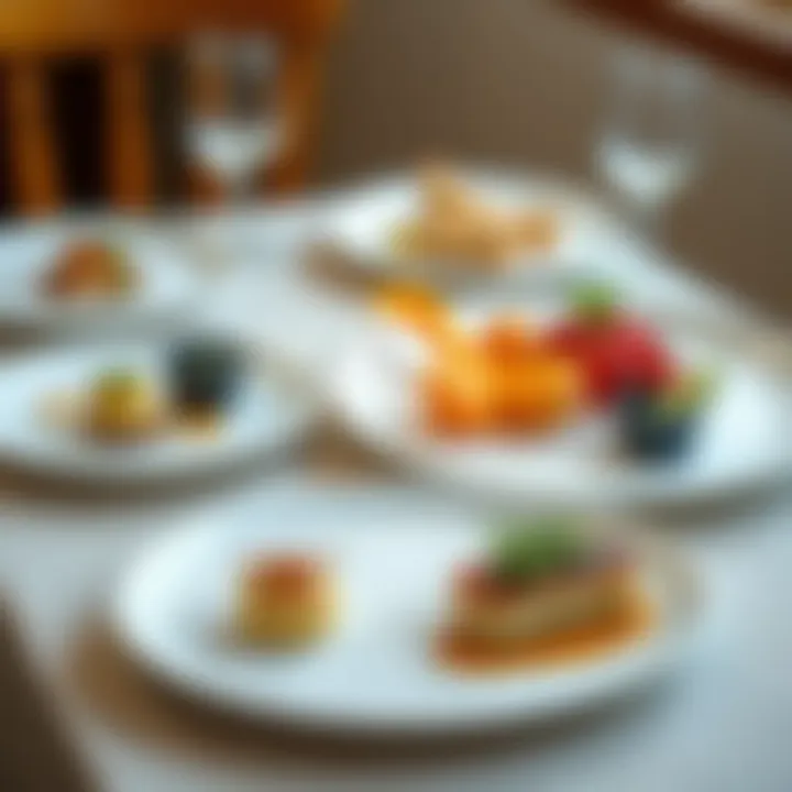 A variety of culinary delights presented on white acrylic dinner plates