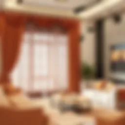 Elegantly draped dark peach curtains in a modern living room