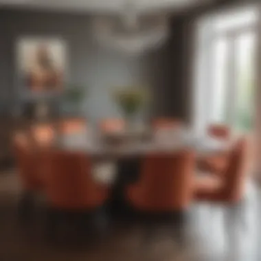 Round dining table showcasing an intimate setting for eight with modern decor.