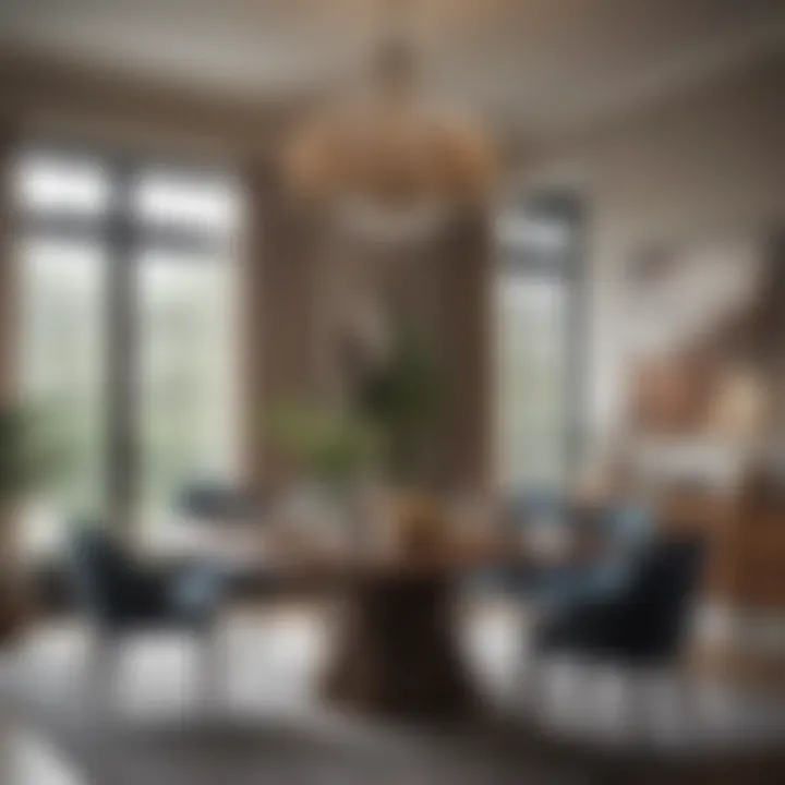 Stylish dining area featuring a chic table design that accommodates eight comfortably.