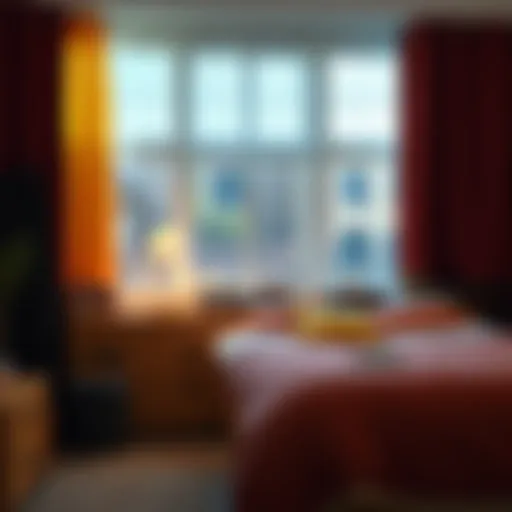 Stylish dorm room with colorful curtains