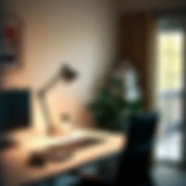 An ergonomic desk setup featuring a large lamp for optimal light