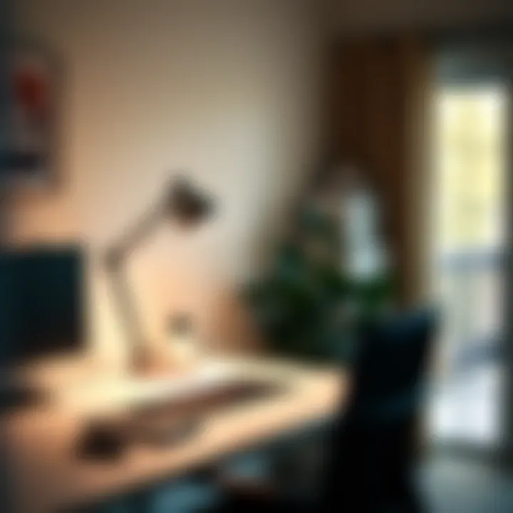 An ergonomic desk setup featuring a large lamp for optimal light