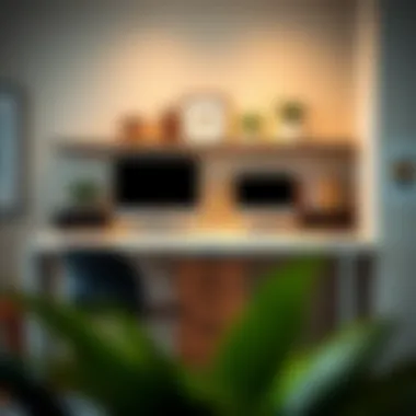 Stylish workspace featuring a bar height desk with organizational drawers