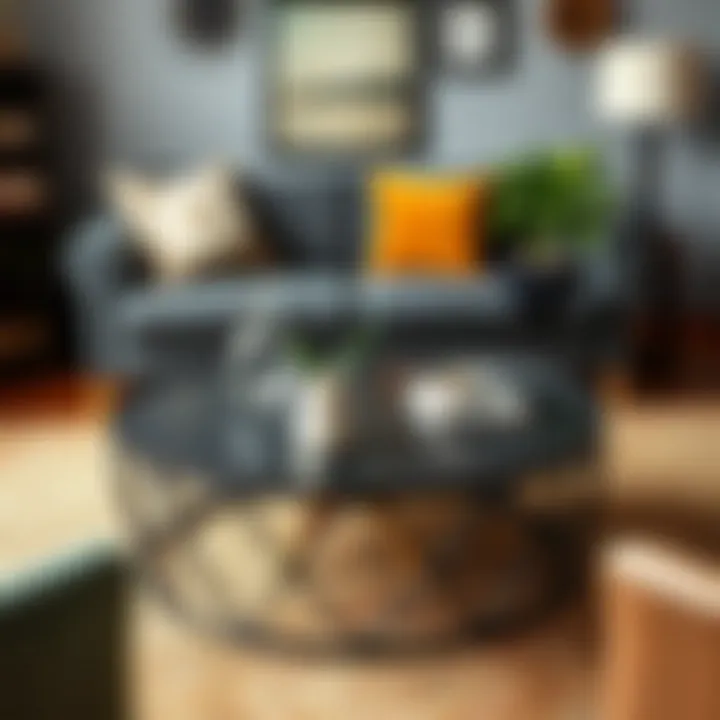 Black iron round coffee table paired with eclectic decor elements