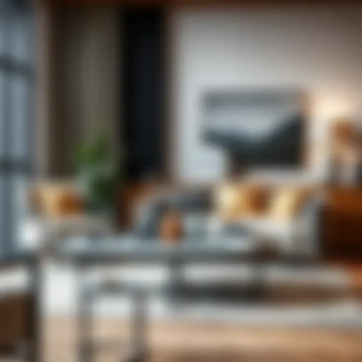 Sleek black iron round coffee table in a modern living room setting