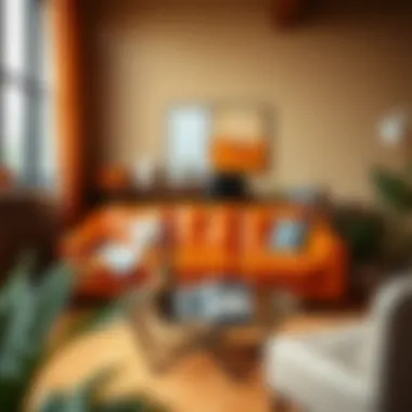 Home Office Featuring Orange Faux Leather Sofa Orange faux leather sofa integrated into a vibrant home office design