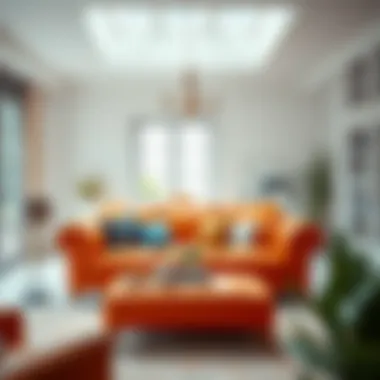 Inviting Lounge Area with Orange Sofa Bright and inviting lounge area with an orange faux leather sofa