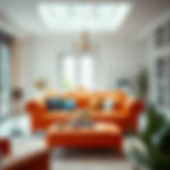 Inviting Lounge Area with Orange Sofa Bright and inviting lounge area with an orange faux leather sofa