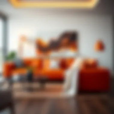 Modern Living Room with Orange Sofa Stylish orange faux leather sofa in a modern living room setting