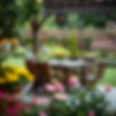 Elegant dark wood patio dining set displayed in a beautifully landscaped garden