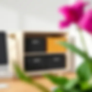 Elegant Dröna Boxes in Minimalist Workspace Stylishly integrated Dröna boxes within a minimalist workspace for enhanced organization.