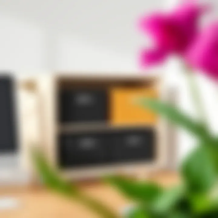 Elegant Dröna Boxes in Minimalist Workspace Stylishly integrated Dröna boxes within a minimalist workspace for enhanced organization.