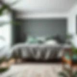 Elegant grey green duvet cover styled in a modern bedroom setting