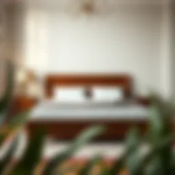 Luxurious wooden king bed frame in a modern bedroom setting