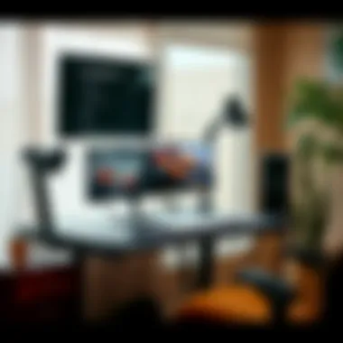 Ergonomic workspace featuring a large desk and keyboard tray