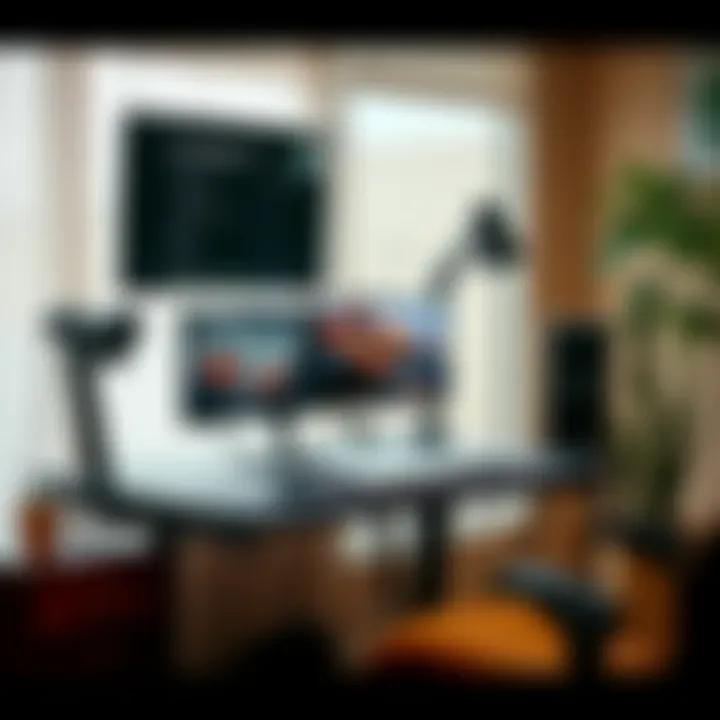 Ergonomic workspace featuring a large desk and keyboard tray