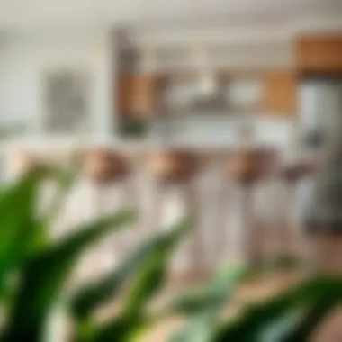 Modern Metal Bar Stools Contemporary metal bar stools arranged around a modern island.