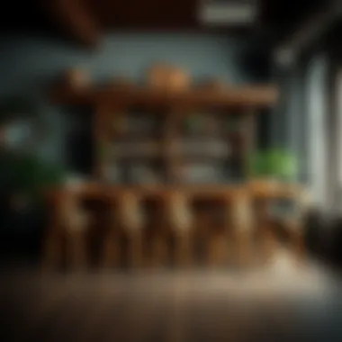 Rustic Bar with Vintage Stools Rustic bar setup with vintage stools in cozy ambiance.