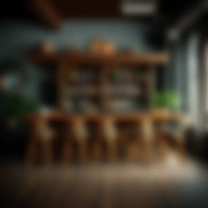 Rustic Bar with Vintage Stools Rustic bar setup with vintage stools in cozy ambiance.