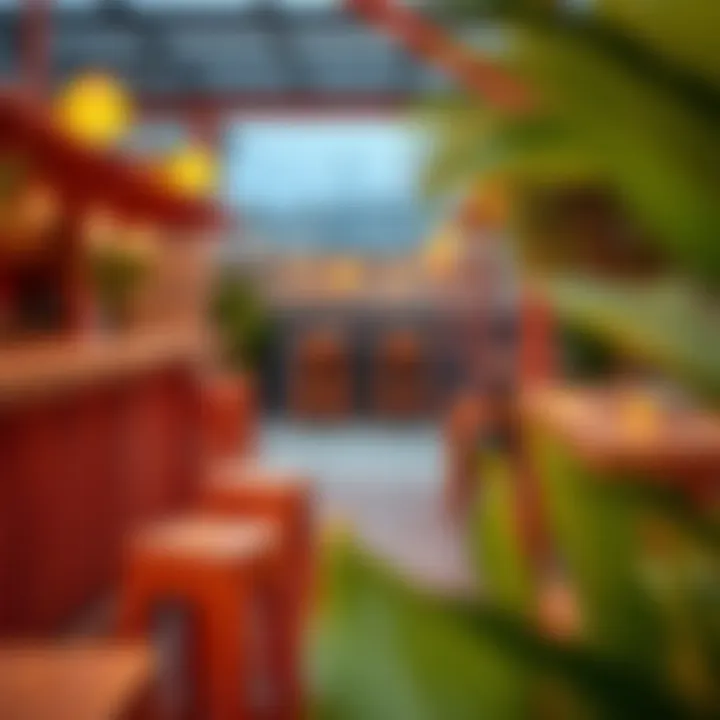 Outdoor Bar Area with Stylish Stools Stylish outdoor bar area featuring sleek stools and vibrant decor.