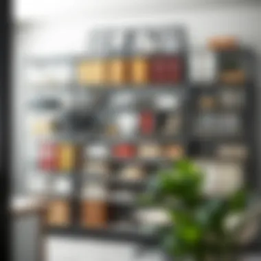 Functional Office Organization with Metal Shelves Metal shelving unit in a modern office setting filled with books and files