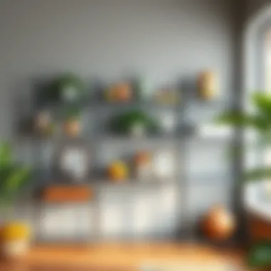 Versatile Decorative Display on Metal Shelving Sturdy metal shelving unit displaying various decorative items