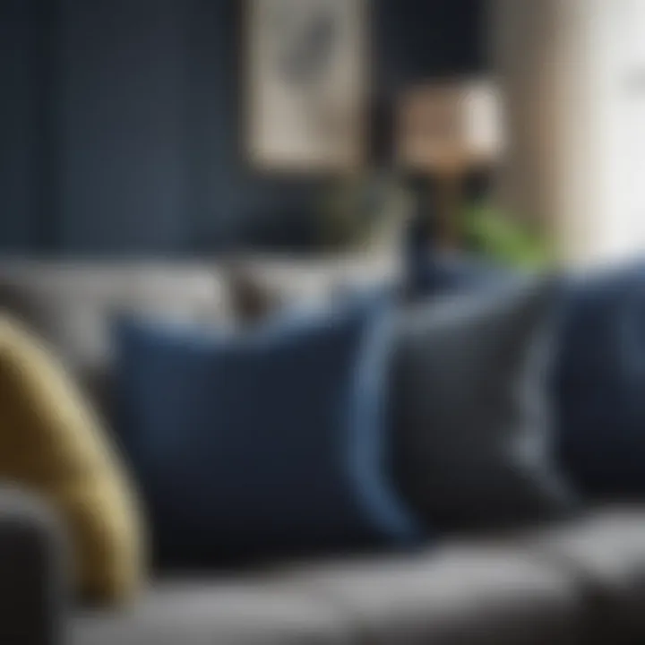 Navy throw pillows styled with complementary decor elements