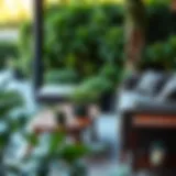 Elegant outdoor seating arrangement surrounded by greenery