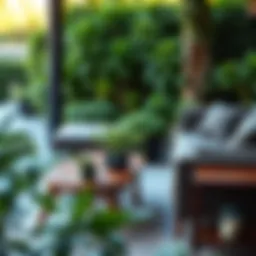 Elegant outdoor seating arrangement surrounded by greenery