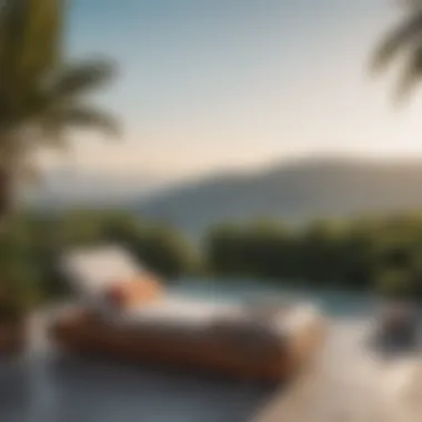 Cozy Outdoor Sunbed with Scenic View Cozy outdoor sunbed with cushions and a view