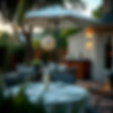 Chic Patio Dining Arrangement Chic patio dining arrangement featuring a large umbrella