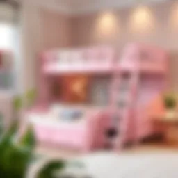 Stunning pink bunk bed featuring a staircase and storage