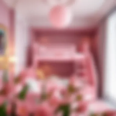 Stylish interior showcasing a pink bunk bed with stairs in a child’s room