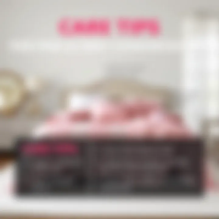 Care tips for maintaining pink and grey comforter sets displayed in infographic format