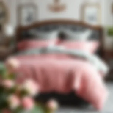 Elegant pink and grey king size comforter set displayed on a luxurious bed
